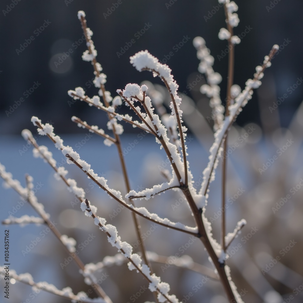 Snow-covered plant stems surrounded by a background featuring a bokeh effect from reflected light Snow-covered plant stems surrounded by a background featuring a bokeh effect from reflected light
