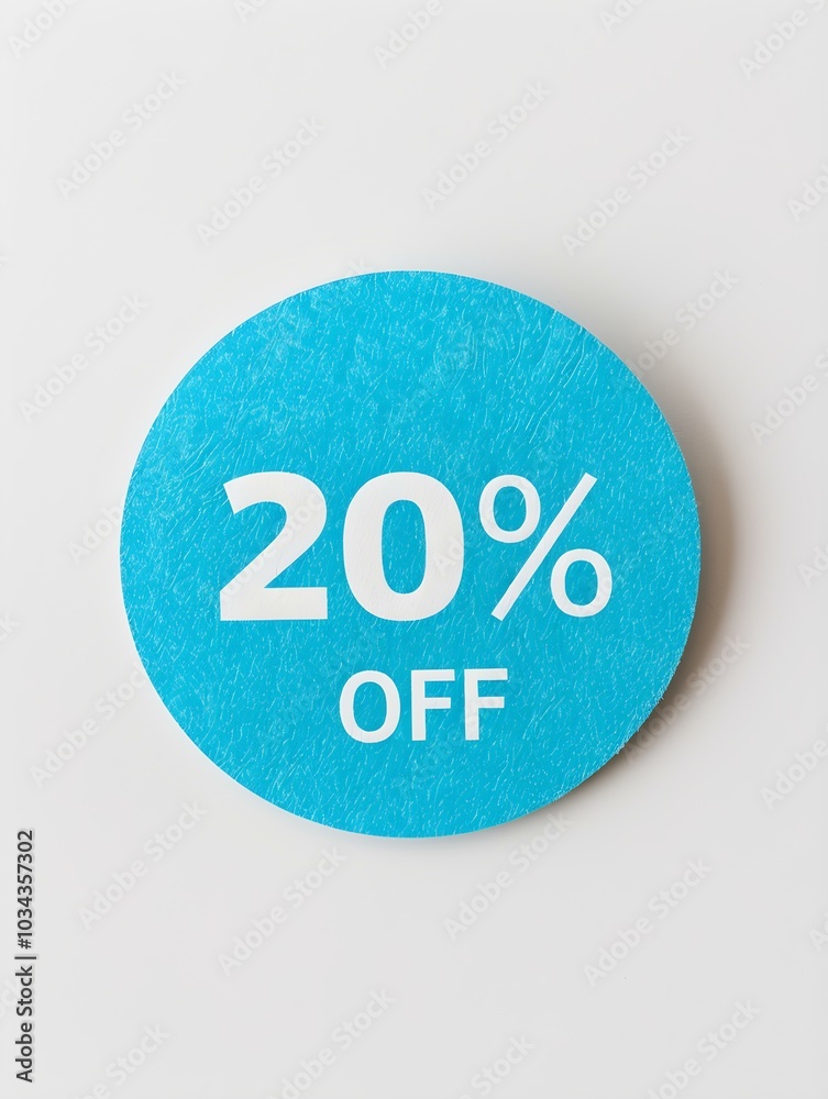White '20% OFF' Text on a Cyan Round Paper Note. White Background 