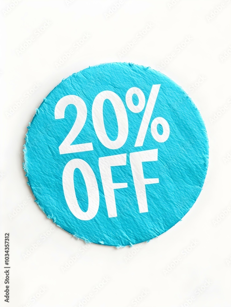 White '20% OFF' Text on a Cyan Round Paper Note. White Background White '20% OFF' Text on a Cyan Round Paper Note. White Background