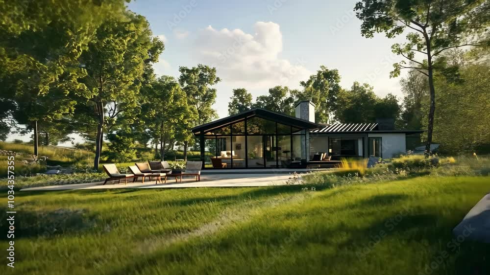 A modern home sits on a grassy hill, surrounded by lush trees on a sunny afternoon A modern home sits on a grassy hill, surrounded by lush trees on a sunny afternoon