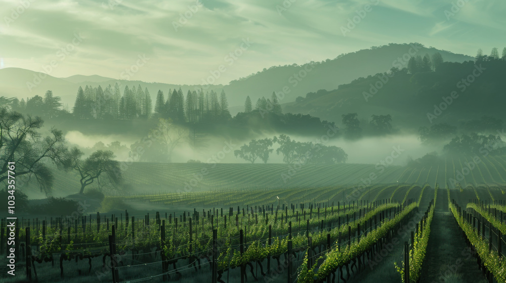 Naklejka premium Foggy morning in the vineyards of Napa Valley, California, USA, with rows of grapevines stretching into the mist 40k, full ultra HD, high resolution.