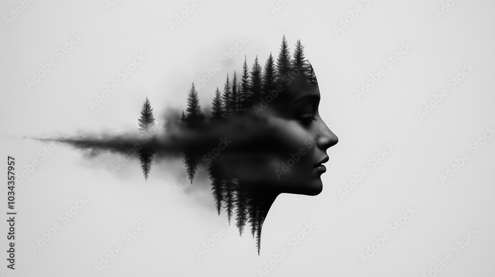 Silhouette of a woman's profile with forest landscape blending into black and white background Silhouette of a woman's profile with forest landscape blending into black and white background