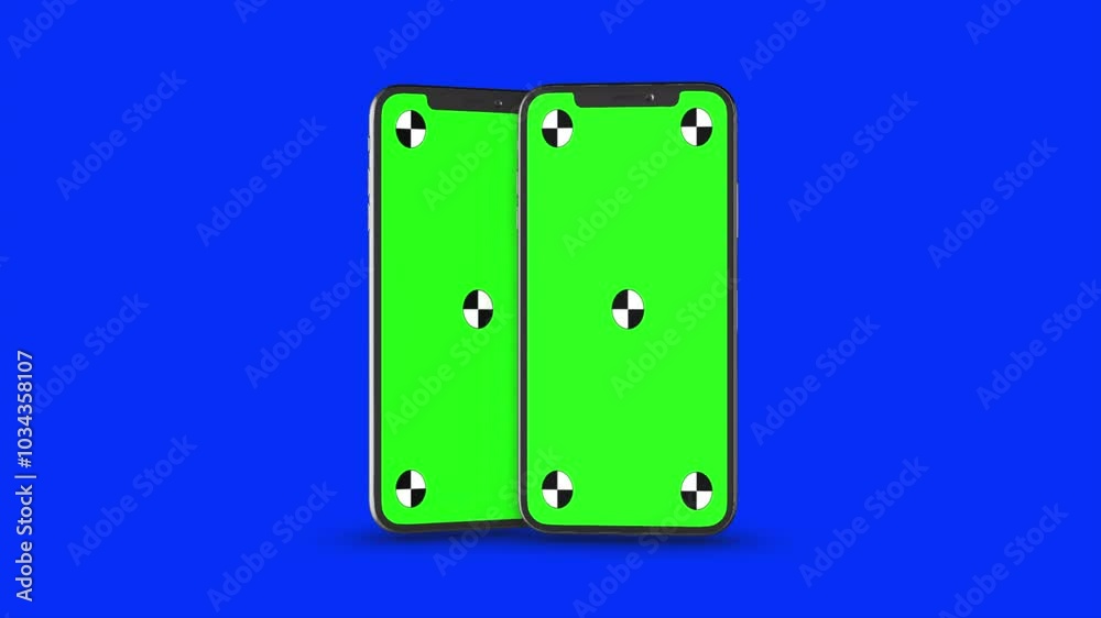 Two smartphones on blue background. Easy customizable green screen. Computer generated image. Two smartphones on blue background. Easy customizable green screen. Computer generated image.