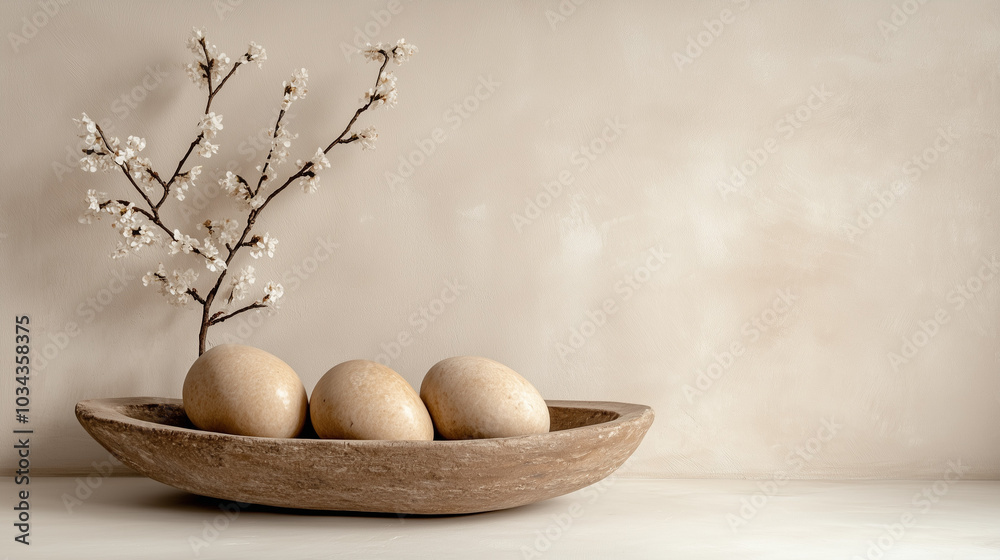 Natural wooden bowl with three eggs and a branch of flowers on a soft background Natural wooden bowl with three eggs and a branch of flowers on a soft background