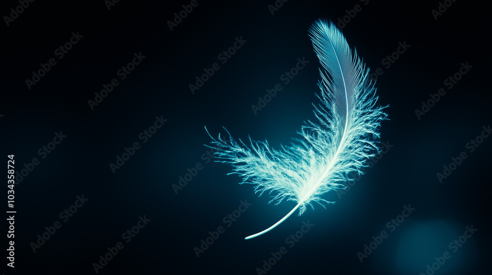 Obraz premium Light blue glowing feather on a dark background