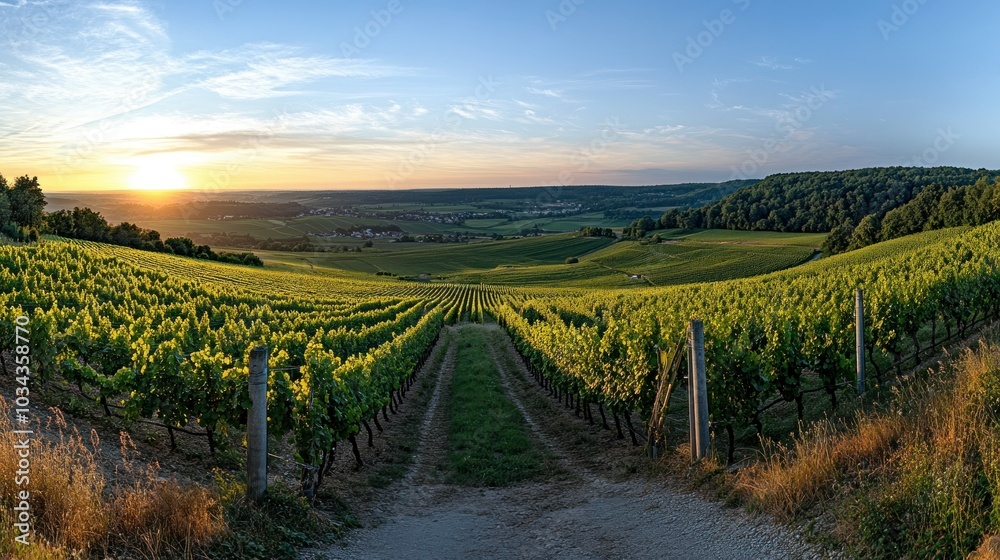Fototapeta premium A Sunset View of a Grapevine Plantation with a Dirt Path Leading Through It