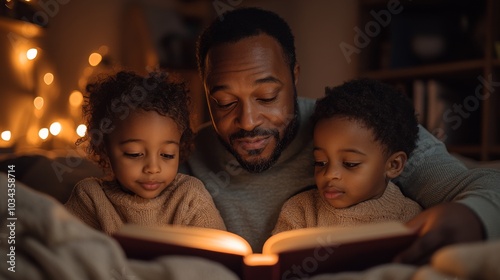 A father engages his two children with a bedtime story, creating a loving atmosphere filled with warmth and calmness. The soft lighting enhances their joyful expressions.