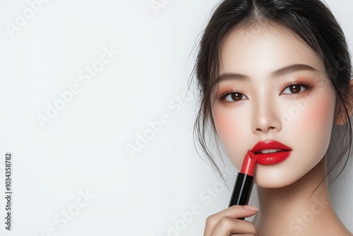 Red Lipstick Confidence: A close-up portrait of a beautiful young woman applying a bold red lipstick, capturing her confidence, elegance, and alluring beauty. 