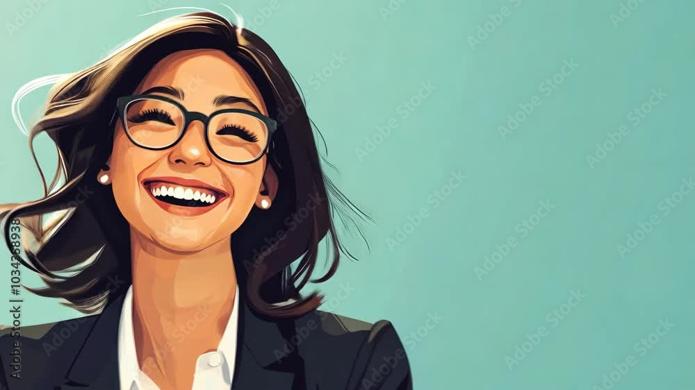 A woman with glasses smiles brightly against a teal background A woman with glasses smiles brightly against a teal background