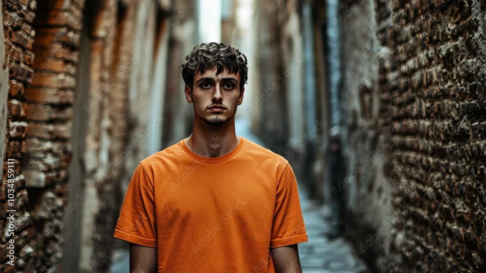 A young man wearing an orange t-shirt stands in a narrow, brick alleyway A young man wearing an orange t-shirt stands in a narrow, brick alleyway