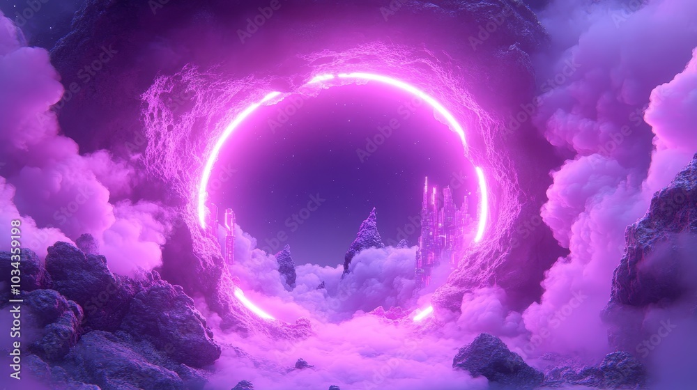 Exploring the ethereal portal a journey through a mystical landscape of neon clouds and enigmatic structures in a dreamlike realm