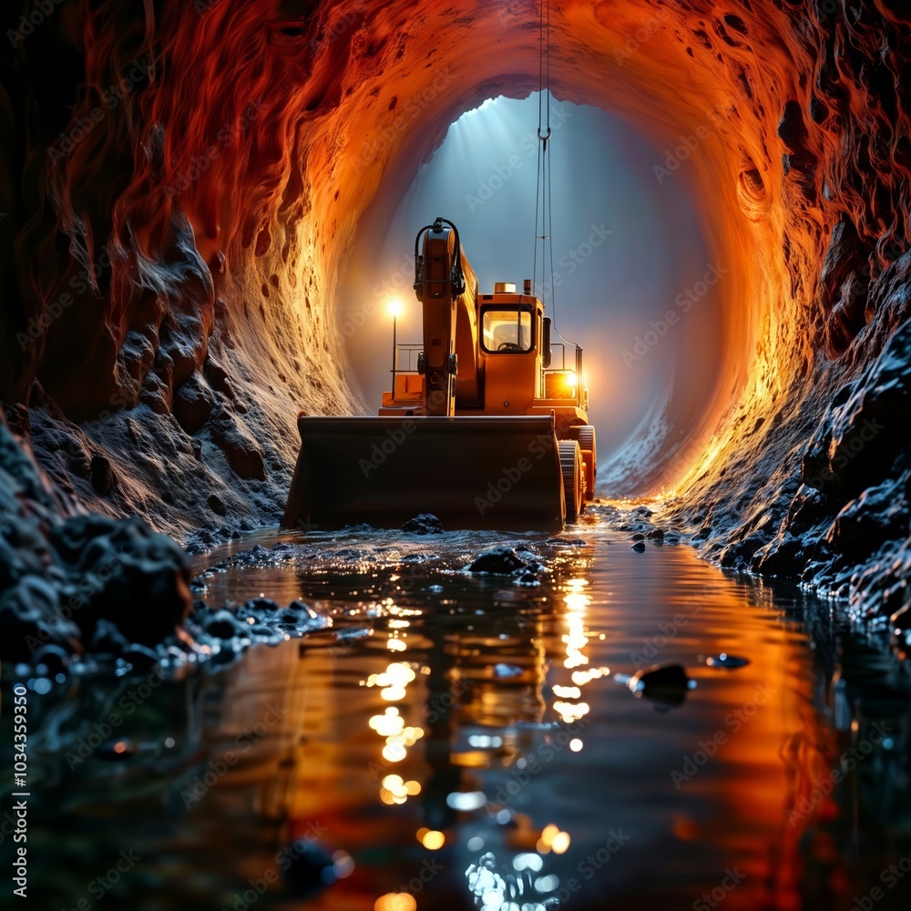 Obraz premium Tunnel Construction. A yellow excavator is working in a dark tunnel, illuminated by a spotlight.
