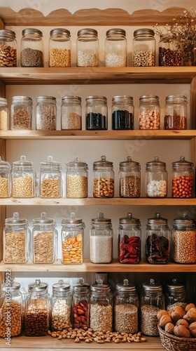 A wooden shelf displaying various jars filled with  grains, nuts, and legumes organized in a cozy kitchen setting, storage of cereals in the kitchen, pantry organization, containerizing, decanting photo