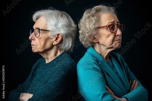 Tension between two older family women, standing back-to-back, showcasing the emotional strife and discord in their relationship