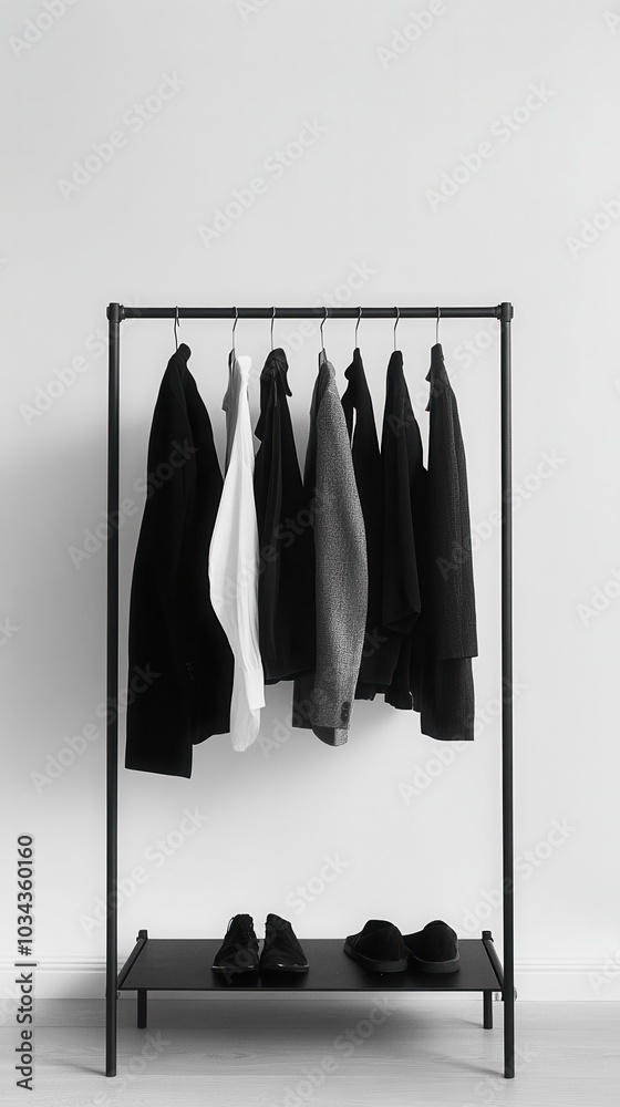 black and white clothes on hangers hanging on a white background black and white clothes on hangers hanging on a white background