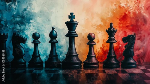 A painting of chess pieces against a blue and orange background