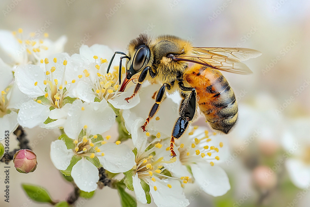 Bee pollinating white flowers in a lush spring garden setting Bee pollinating white flowers in a lush spring garden setting