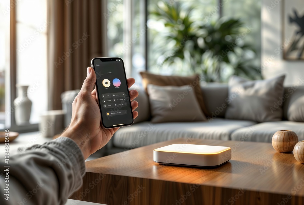 Smart Home Control. A person uses a smartphone to control a smart home device on a wooden table in a modern living room.