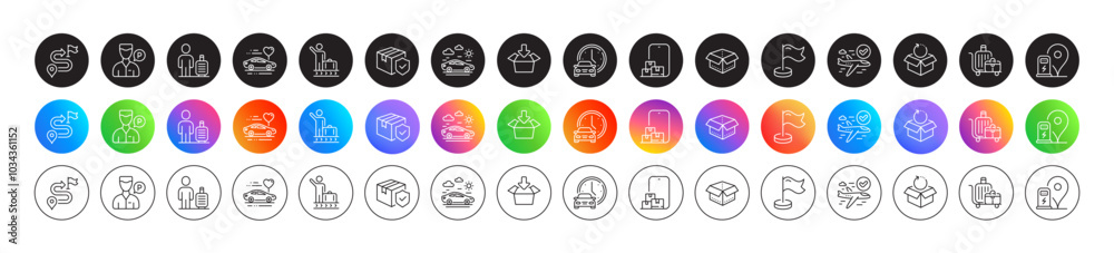 Car travel, Honeymoon travel and Baggage cart line icons. Round icon gradient buttons. Pack of Baggage, Get box, Parcel insurance icon. Valet servant, Milestone, Open box pictogram. Vector Car travel, Honeymoon travel and Baggage cart line icons. Round icon gradient buttons. Pack of Baggage, Get box, Parcel insurance icon. Valet servant, Milestone, Open box pictogram. Vector