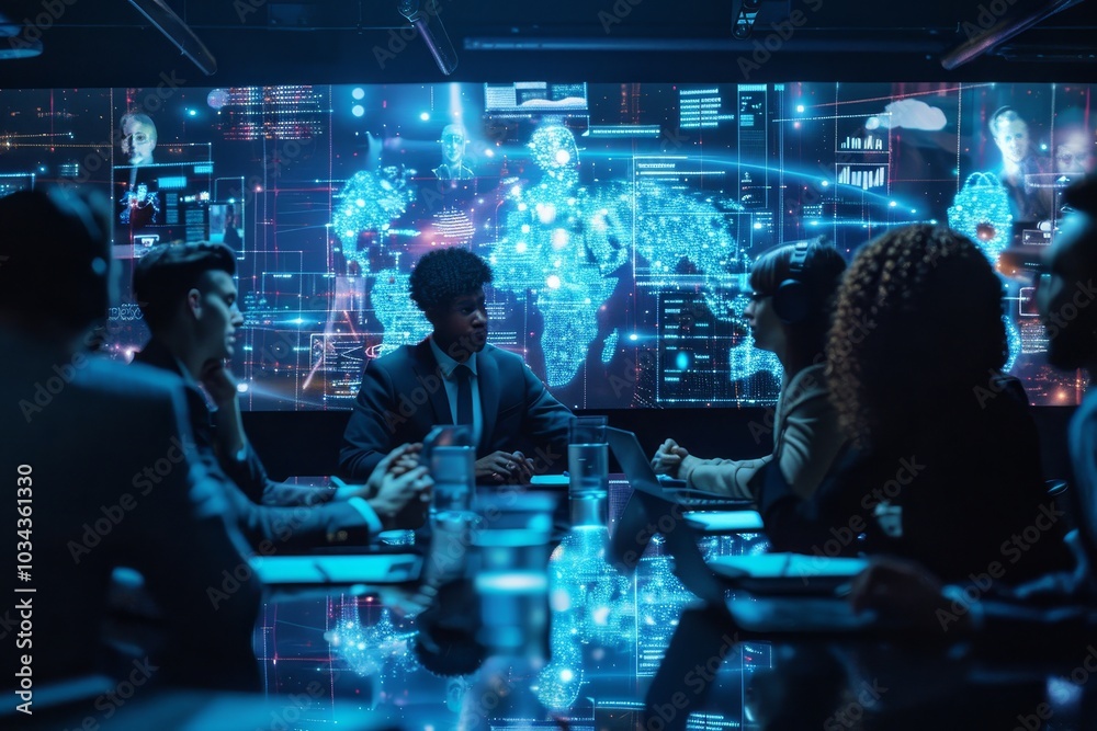 A group of professionals engages in a strategic discussion around a high-tech table while interactive holographic displays project global data visuals around them. A group of professionals engages in a strategic discussion around a high-tech table while interactive holographic displays project global data visuals around them.