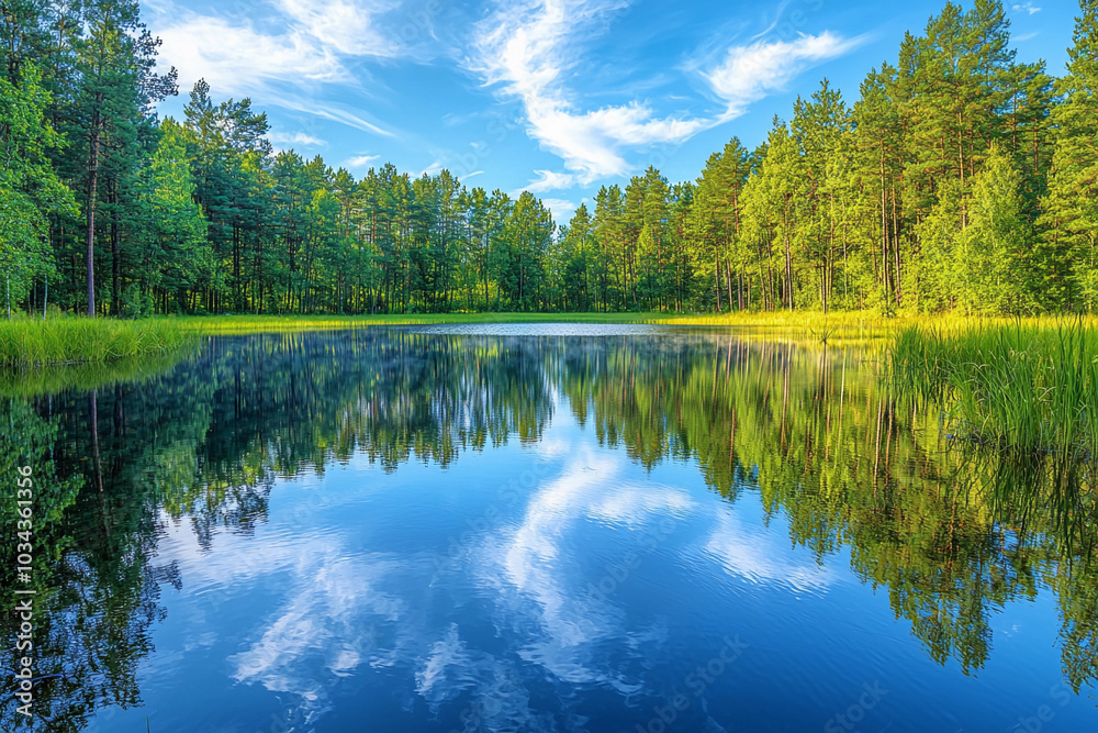 Obraz premium Serene lake surrounded by lush green forest on a sunny day