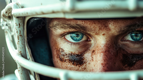 Intense Close-Up of Football Player's Eyes Through Helmet.