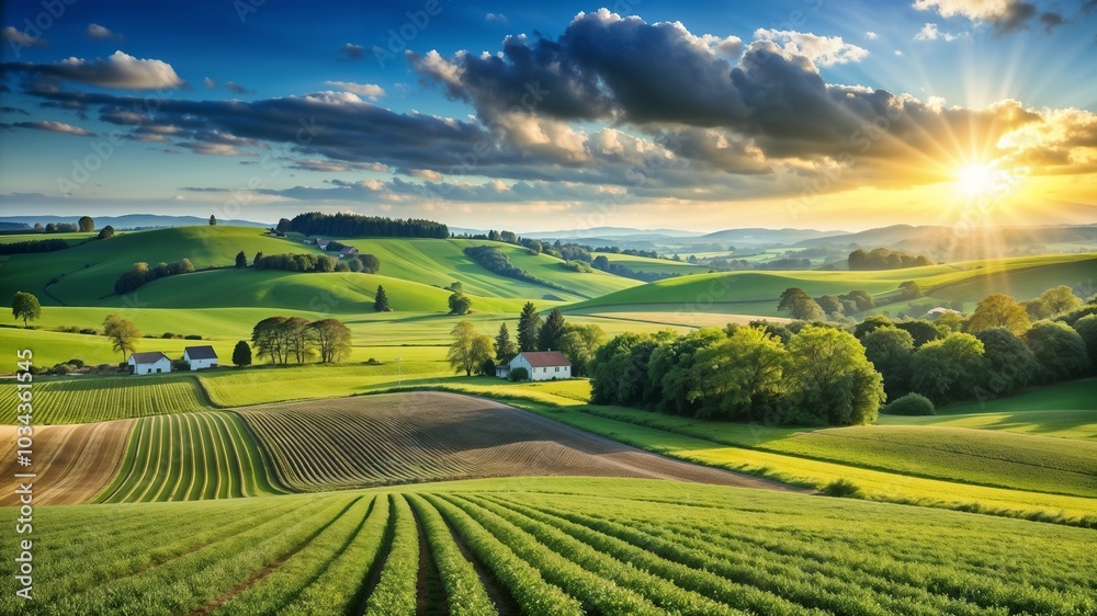Fototapeta premium Scenic countryside landscape with rolling hills and sunrise in the background