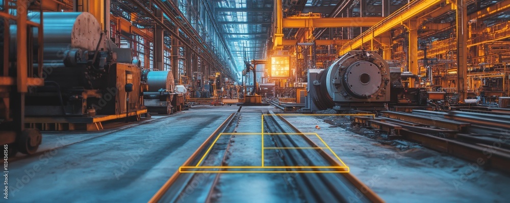 Obraz premium Industrial factory with metal rails and machines.