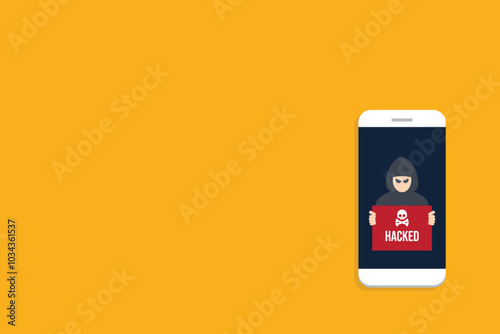 Hacker with hacked notification, malware notification on mobile phone. Smartphone with hacker alert, spam data on cellphone fraud error message, scam, virus.	