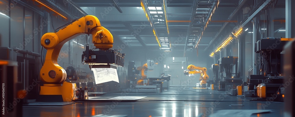 Industrial factory with yellow robotic arms. Industrial factory with yellow robotic arms.