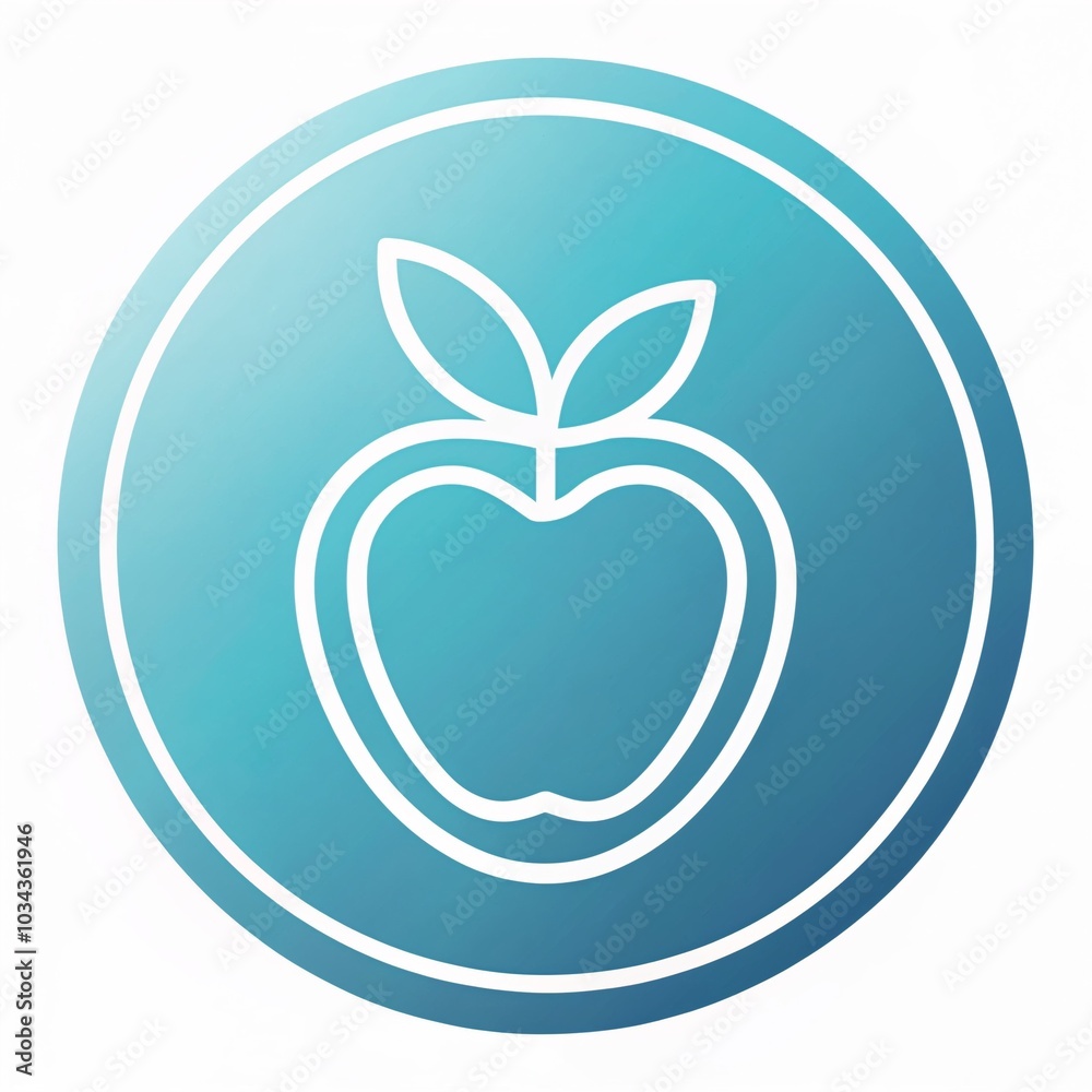 Fototapeta premium Minimalist apple icon with leaves on a gradient blue circular background 