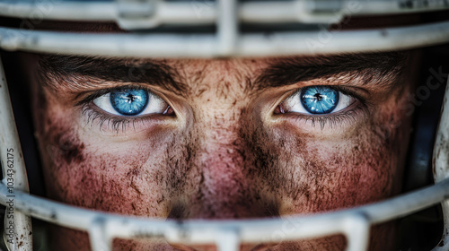 Intense Close-Up of Football Player's Eyes Through Helmet. photo