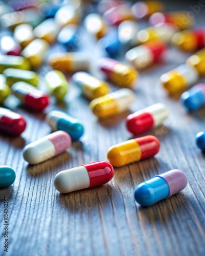 A wooden table filled with colorful pills and capsules symbolizes overuse and neglect of antibiotics. The image lacks greenery or a doctor's setting.