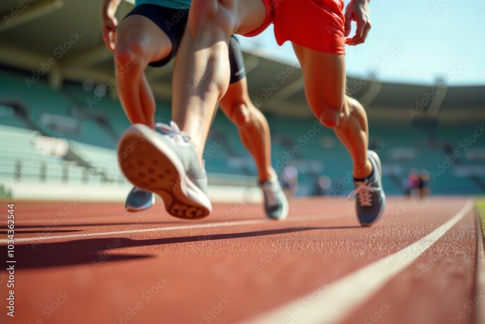 Sprinting athletes. Two runners in mid-stride on a track during a competitive race.