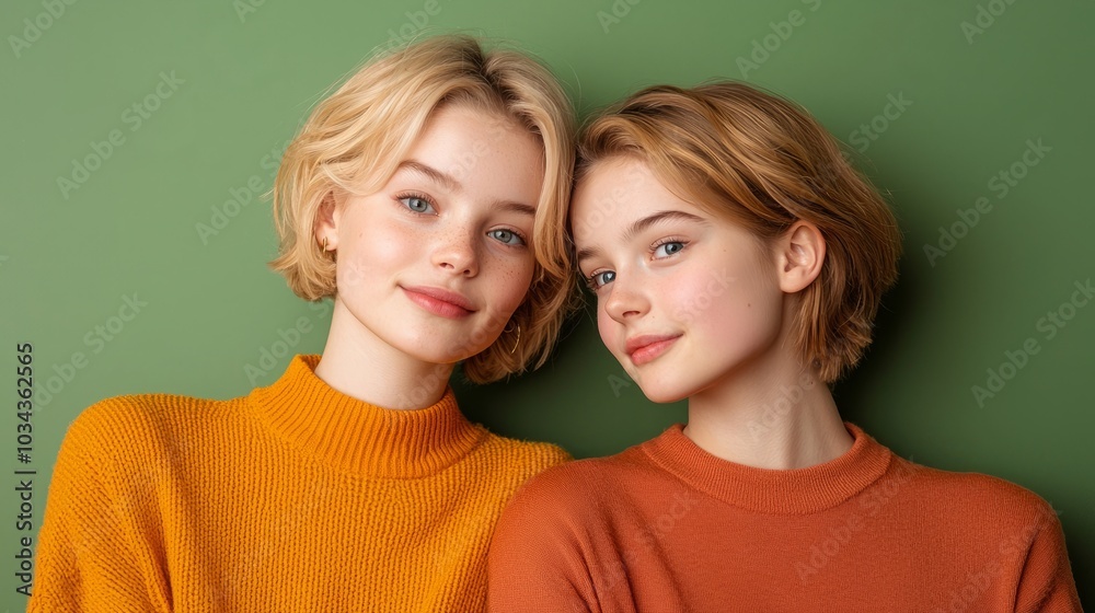 Twin sisters in front of a green wall, illustrating the unbreakable bond and affection that exists between identical twins Twin sisters in front of a green wall, illustrating the unbreakable bond and affection that exists between identical twins