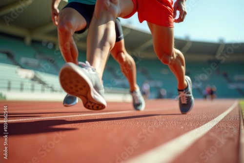 Obraz na płótnie Sprinting athletes. Two runners in mid-stride on a track during a competitive race. w salonie