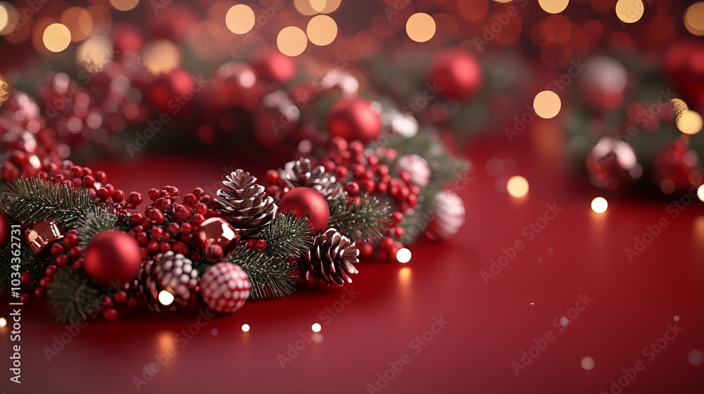 A traditional Christmas wreath with red ornaments, pine cones, and berries on a red background with bokeh lights. A traditional Christmas wreath with red ornaments, pine cones, and berries on a red background with bokeh lights.