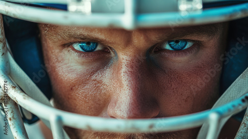 Intense Close-Up of Football Player's Eyes Through Helmet. photo