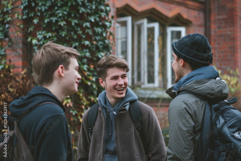 Three young men engage in a lively conversation, smiling and laughing together outside a charming brick building, enhanced by the greenery around them. Three young men engage in a lively conversation, smiling and laughing together outside a charming brick building, enhanced by the greenery around them.