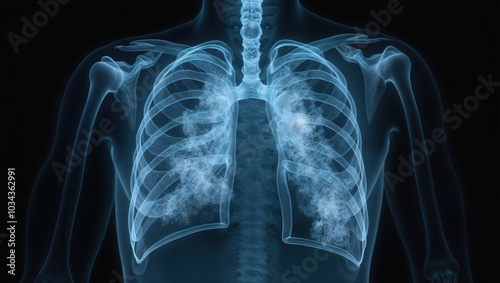 X-ray visualization of human lungs showing severe respiratory condition with cloudy infiltrates, highlighting the impact of lung disease on respiratory health