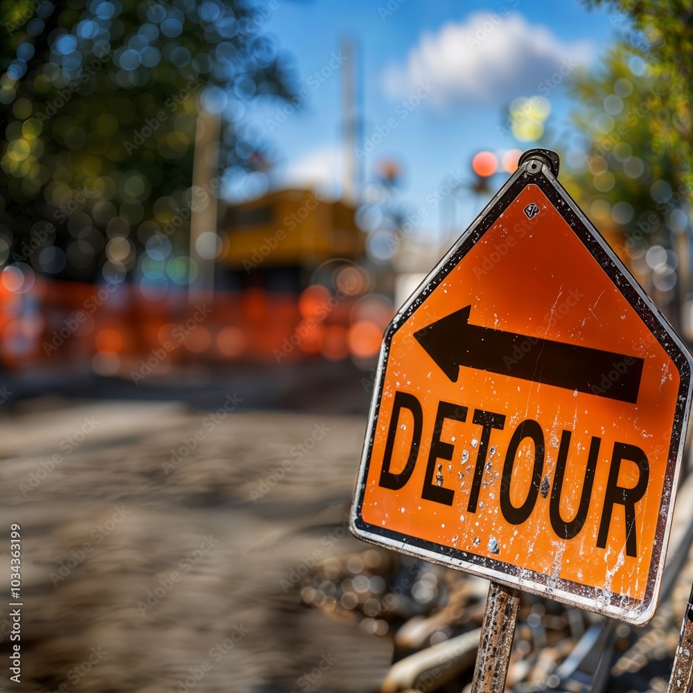 Detour directions. Close-up of orange detour sign with arrow pointing left.