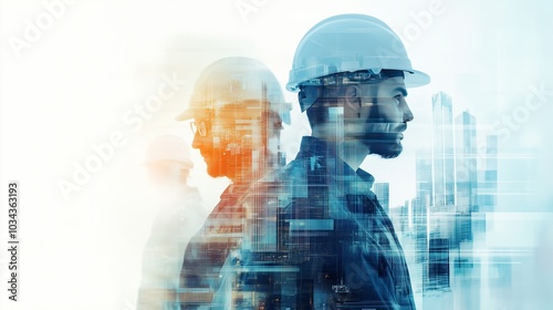 Engineering worker industry double exposure city concept, construction buil;ding city development planning innovation, contractor technician, architect, city background blue banner.