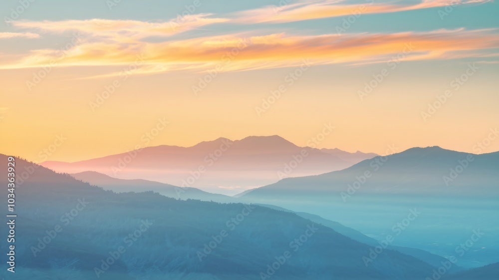 Obraz premium A serene landscape of layered mountains during sunset.