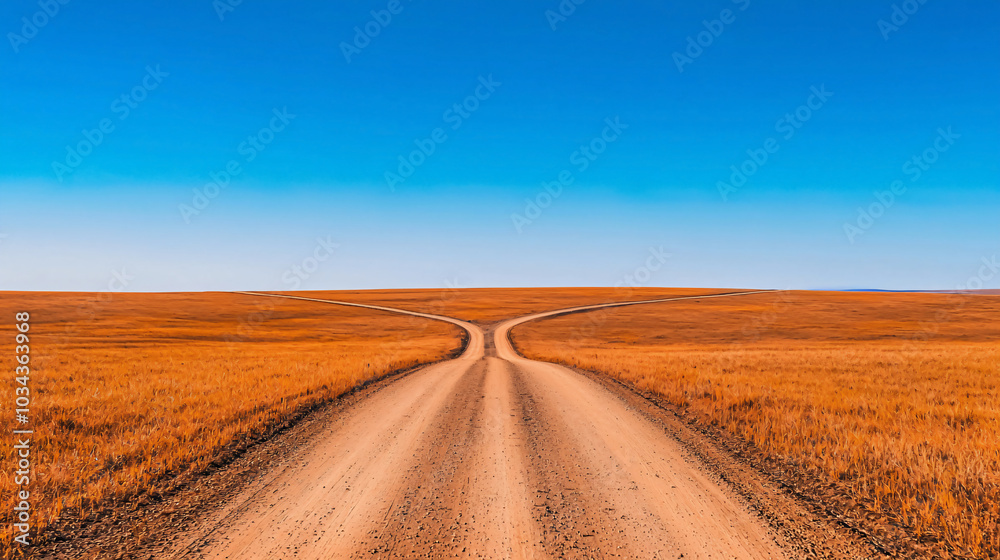 Fototapeta premium Dirt road splitting into two directions in a vast open field under a clear blue sky, symbolizing choices and journeys.