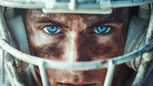 Intense Close-Up of Football Player's Eyes Through Helmet. photo