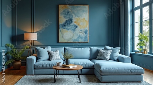 Elegant Luxury Blue Living Room with soft blue Sofa and  Ornate Wall Panels