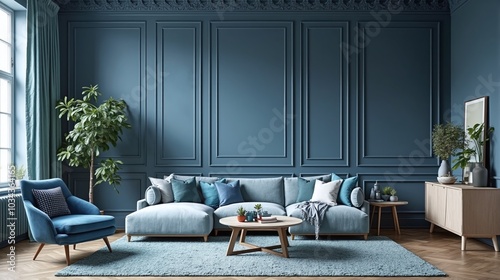 Elegant Luxury Blue Living Room with soft blue Sofa and  Ornate Wall Panels