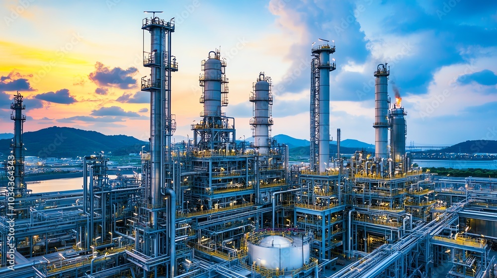 Closeup of oil extraction, raw material entering refinery, industrial feel Closeup of oil extraction, raw material entering refinery, industrial feel