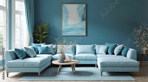 Elegant Luxury Blue Living Room with soft blue Sofa and  Ornate Wall Panels