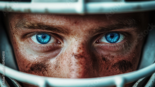 Intense Close-Up of Football Player's Eyes Through Helmet. photo